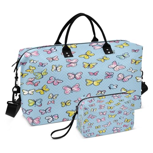 Reisetasche mit 22 Schmetterlingen, für Fitnessstudio, Yoga, Handgepäck, für Männer und Frauen, Wochenendtasche, Rosa und gelber Schmetterling, Einheitsgröße, Reisetasche von Mnsruu