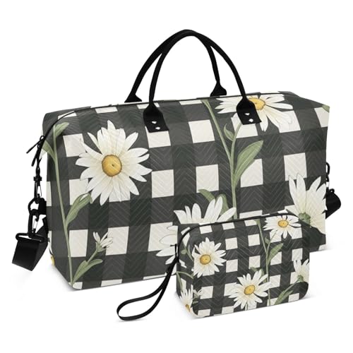 Reisetasche mit Gänseblümchen-Blume, schwarz-weiß, kariert, Turnbeutel mit Aufbewahrungstasche, Wochenendtasche, Übernachtungstasche für Männer und Frauen, Reisen, Sport, Yoga, Mehrfarbig, von Mnsruu