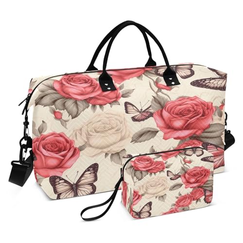 Reisetasche mit Schmetterling und Rose, für Fitnessstudio, Yoga, Handgepäck für Männer und Frauen, Wochenendtasche, Schmetterling und Rose, Einheitsgröße, Reisetasche von Mnsruu