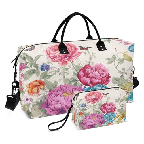 Reisetasche mit Schmetterling und rosa Blumen, für Fitnessstudio, Yoga, Handgepäcktasche für Männer und Frauen, Wochenendtasche, Schmetterling und rosa Blume, Einheitsgröße, Reisetasche von Mnsruu