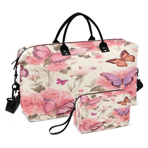 Reisetasche mit Schmetterling und rosa Rose, für Fitnessstudio, Yoga, Handgepäcktasche für Männer und Frauen, Wochenendtasche, Schmetterling und rosa Rose, Einheitsgröße, Reisetasche von Mnsruu