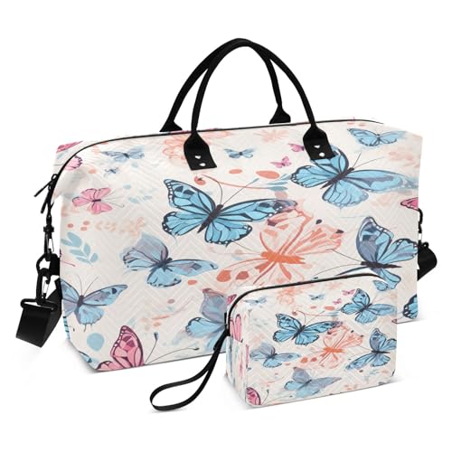 Reisetasche mit Schmetterlingen, für Fitnessstudio, Yoga, Handgepäck, für Männer und Frauen, Blau / Rosa, Blau-rosa Schmetterlinge, Einheitsgröße, Reisetasche von Mnsruu