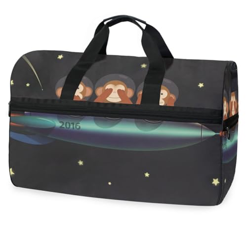 Reisetasche mit Schuhfach "No See No See No Speak No Hear Three Wise Monkeys on the Spaceship", Rakete, Reisetasche, für Herren, Damen, Jungen, Mädchen, Teenager, übergroße Sporttasche mit Schuhfach, von Mnsruu