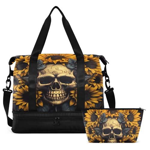 Reisetasche mit Totenkopf- und Sonnenblumen-Sporttasche mit Nasstasche, Wochenendtasche, Übernachtungstasche für Damen und Herren, Sporttasche, Handgepäcktasche, Krankenhaustasche für Arbeit und Reisetasche mit Totenkopf- und Sonnenblumen-Sporttasche mit Nasstasche, Wochenendtasche, Übernachtungstasche für Damen und Herren, Sporttasche, Handgepäcktasche, Krankenhaustasche für Arbeit und von Mnsruu