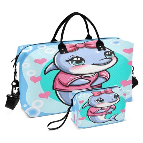 Reisetasche mit niedlichem Cartoon-Delfin-Mädchen mit rosa Hemd und Schleife, für Männer und Frauen, Turnbeutel mit Aufbewahrungstasche, Wochenendtasche, Handgepäcktasche für Reisen, Reisen, von Mnsruu