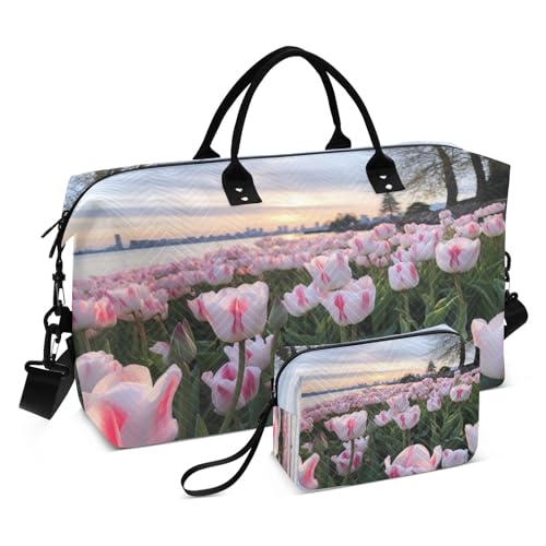 Reisetasche mit rosa Tulpen für Fitnessstudio, Yoga, Handgepäcktasche für Männer und Frauen, Wochenendtasche, Rosa Tulpen Spring, Einheitsgröße, Reisetasche von Mnsruu
