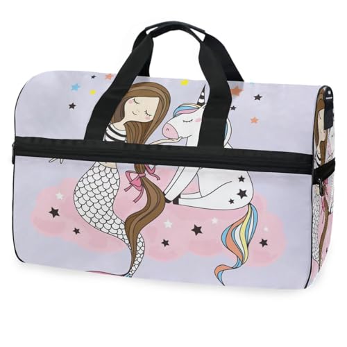 Reisetasche mit süßem Meerjungfrau mit magischem Einhorn, für Männer, Frauen, Jungen, Mädchen, Teenager, übergroße Sporttasche mit Schuhfach, für Übernachtung, Wochenende, Yoga, Workout, von Mnsruu