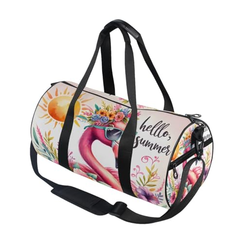 Sporttasche, Reisetasche, Motiv: Flamingo, mit Sonnenbrille und Blumenkranz, Sommergepäck für Damen und Herren, Ein Aquarell-Flamingo mit Sonnenbrille und Blumenkranz "Hello Summer", Einheitsgröße von Mnsruu