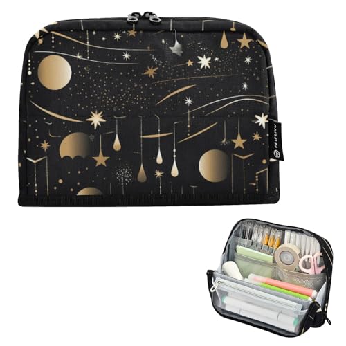 Stars Moons Schwarzes Stehendes Federmäppchen, große Kapazität, Stifttasche für Jungen und Mädchen, mehrschichtiges Stifteetui, Stifthalter, Schreibwaren-Organizer für Schule, Büro, Arbeit von Mnsruu