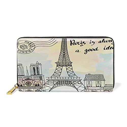 Mnsruu Süßer Pariser Eiffelturm Damen Brieftasche Reißverschluss Geldbörse Echtes Leder Geldbeutel Telefon Kreditkartenetui Portemonnaie für Frauen Mädchen von Mnsruu