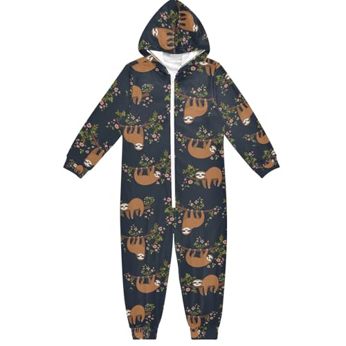 Süßes Faultier auf Baum Kinder Schlafanzug mit Kapuze für 4–14 Jahre Jungen Mädchen Kinder Loungewear Reißverschluss Nachtwäsche All-in-One Schlafanzug Overall Nachtwäsche, Mehrfarbig 01, 14 Jahre von Mnsruu