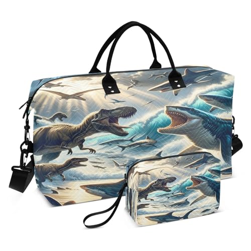 The Struggle between Dinosaurs and Sharks on the Beach Travel Duffle Bag for Men Women Gym Bag with Storage Bag Weekender Bag Carry on Bags for Travel Trip Gym Yoga, Der Kampf zwischen Dinosauriern von Mnsruu