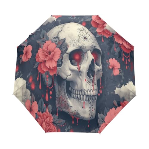 Totenkopf-Regenschirm mit Blume, kompakter Regenschirm, automatisches Öffnen, Schließen, Reise, winddicht, UV-beständig, Mehrfarbig, Einheitsgröße von Mnsruu