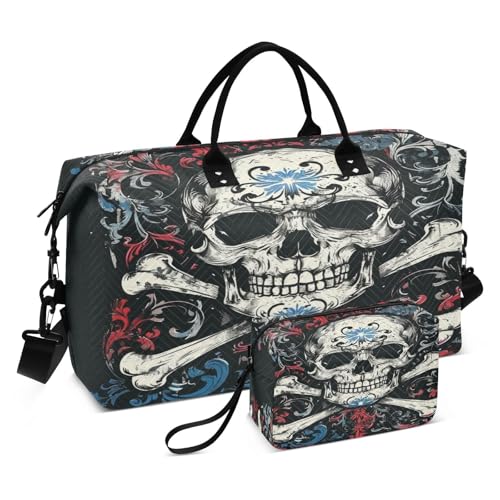 Totenkopf-Reisetasche, Turnbeutel, Blau / Rot, Totenkopf, gekreuzte Knochen, Wochenendtasche für Damen, mit Kulturbeutel, Reisetasche, Schwimmtasche, Multi 30, Einheitsgröße von Mnsruu