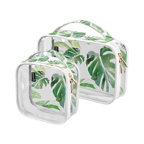 Transparente Reise-Kulturbeutel, grünes Palmblatt, Monstera, Kosmetiktasche, Make-up-Tasche, 2 Stück, PVC, tragbar, wasserdicht, Kulturbeutel, Wasch-Aufbewahrungstasche für Damen und Herren, A3034, von Mnsruu