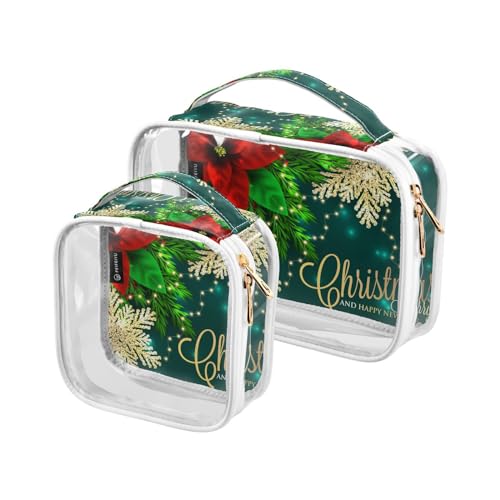 Transparente Reise-Kulturtasche Merry Christmas Poinsettia Pine Branches Green Cosmetic Bag Makeup Bags 2 Pack PVC Portable Waterproof Toiletries Carry Pouch Wash Storage Bag for Women Men, A1005, von Mnsruu