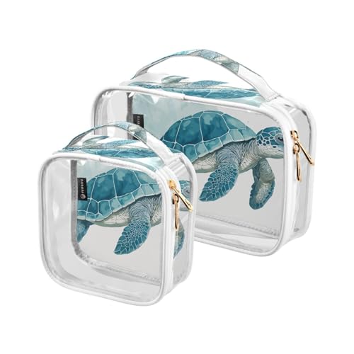 Transparente Reise-Kulturtasche Schildkröte Blau Ozean Aquarell Kosmetiktasche Make-up-Taschen 2 Stück PVC Tragbare Wasserdichte Toilettenartikel Tragetasche Wasch-Aufbewahrungstasche für Damen von Mnsruu