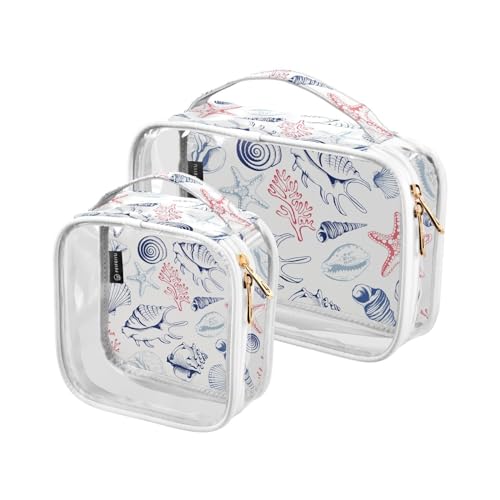 Transparente Reise-Kulturtasche Seestern Muschel Sand Ozean Kosmetiktasche Make-up-Taschen 2 Pack PVC Tragbare wasserdichte Toilettenartikel Tragetasche Wasch-Aufbewahrungstasche für Damen Herren, von Mnsruu