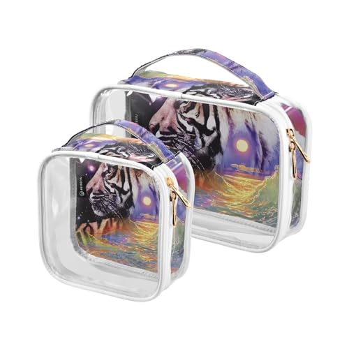 Transparente Reise-Kulturtasche Tiger schöne Landschaft Kosmetiktasche Make-up-Taschen 2 Stück PVC tragbare wasserdichte Toilettenartikel Tragetasche Wasch-Aufbewahrungstasche für Damen und Herren, von Mnsruu