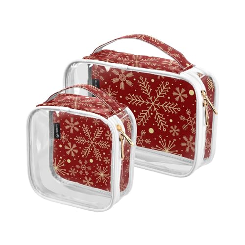 Transparente Reise-Kulturtasche Weihnachten Schneeflocken Golden Red Kosmetiktasche Make-up-Taschen 2 Pack PVC Tragbare Wasserdichte Toilettenartikel Tragetasche Wasch-Aufbewahrungstasche für Damen von Mnsruu