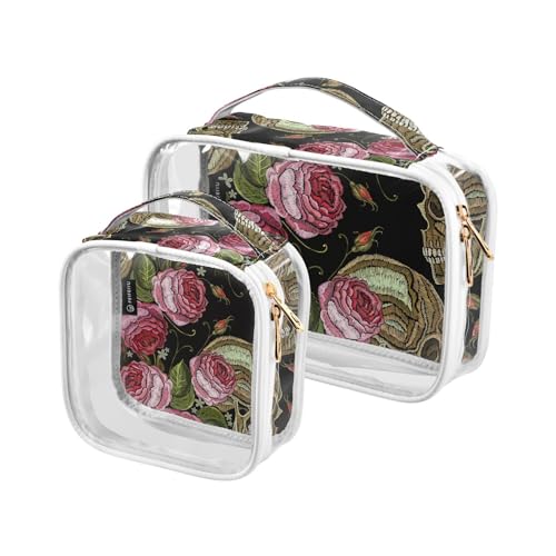 Transparente Reise-Kulturtasche bestickt Totenkopf Skelett Rosen Kosmetiktasche Make-up-Taschen 2 Stück PVC tragbare wasserdichte Toilettenartikel Tragetasche Wasch-Aufbewahrungstasche für Damen und von Mnsruu