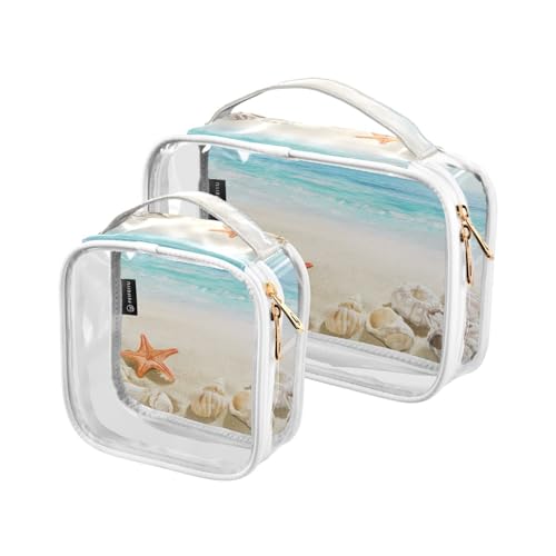 Transparente Reise-Kulturtasche für Sommer, Strand, Seestern, Muschel, Kosmetiktasche, Make-up-Tasche, 2 Stück, PVC, tragbar, wasserdicht, Kulturbeutel, Wasch-Aufbewahrungstasche für Damen und Herren, Transparente Reise-Kulturtasche für Sommer, Strand, Seestern, Muschel, Kosmetiktasche, Make-up-Tasche, 2 Stück, PVC, tragbar, wasserdicht, Kulturbeutel, Wasch-Aufbewahrungstasche für Damen und Herren, von Mnsruu