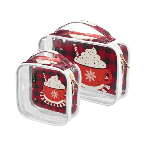 Transparente Reise-Kulturtasche für heiße Kakao-Becher mit Büffelkarierte Schneeflocken, Kosmetiktasche, Make-up-Tasche, 2 Stück, PVC, tragbar, wasserdicht, Kulturbeutel, Wasch-Aufbewahrungstasche für von Mnsruu