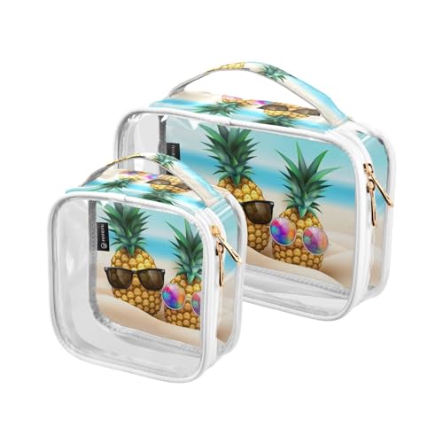 Transparente Reise-Kulturtasche mit Ananas-Sonnenbrille am Strand, Party, Kosmetiktasche, Make-up-Taschen, 2 Stück, PVC, tragbar, wasserdicht, Kulturbeutel, Wasch-Aufbewahrungstasche für Damen und von Mnsruu