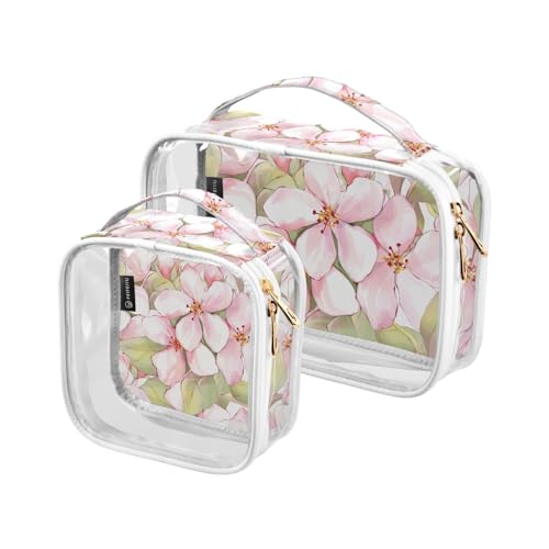 Transparente Reise-Kulturtasche mit Frühlingsblumen, niedliche rosa Blumen, Kosmetiktasche, Make-up-Tasche, 2 Stück, PVC, tragbar, wasserdicht, Kulturbeutel, Wasch-Aufbewahrungstasche für Damen und von Mnsruu