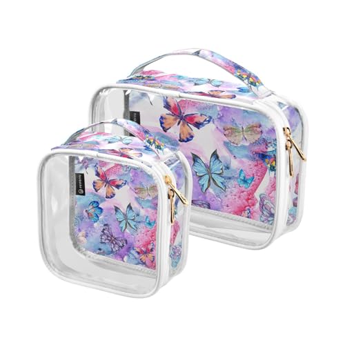 Transparente Reise-Kulturtasche mit Schmetterlingen, bunte Schmetterlinge, Kosmetiktasche, Make-up-Tasche, 2 Stück, PVC, tragbar, wasserdicht, Kulturbeutel, Wasch-Aufbewahrungstasche für Damen und von Mnsruu
