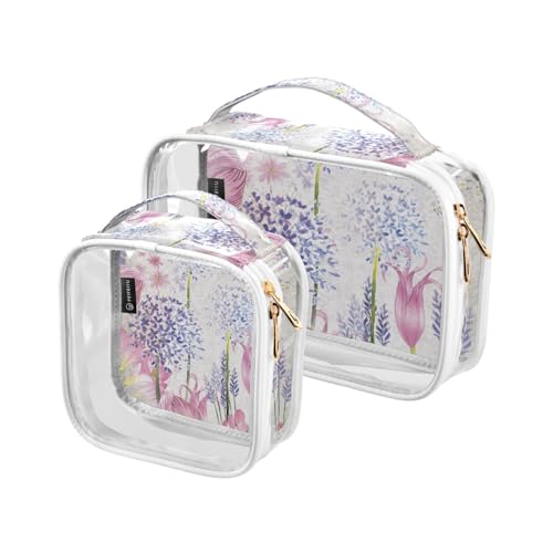 Transparente Reise-Kulturtasche mit lila Hortensien, Lavendel, Blume, Kosmetiktasche, Make-up-Tasche, 2 Stück, PVC, tragbar, wasserdicht, Kulturbeutel, Wasch-Aufbewahrungstasche für Damen und Herren, von Mnsruu