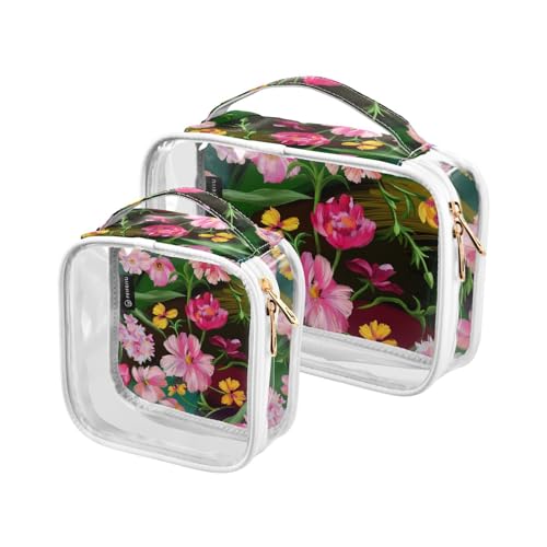 Transparente Reise-Kulturtasche mit rosa Blumen, grünen Blättern, schwarz, Kosmetiktasche, Make-up-Tasche, 2 Stück, PVC, tragbar, wasserdicht, Kulturbeutel, Wasch-Aufbewahrungstasche für Damen und von Mnsruu