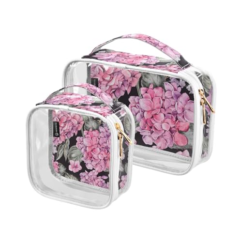 Transparente Reise-Kulturtasche mit rosa Hortensien-Blume, schwarz, Kosmetiktasche, Make-up-Tasche, 2 Stück, PVC, tragbar, wasserdicht, Kulturbeutel, Wasch-Aufbewahrungstasche für Damen und Herren, von Mnsruu