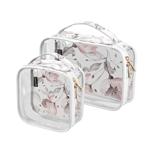 Transparente Reise-Kulturtasche mit rosa Rosenblüten, graue Blätter, Kosmetiktasche, Make-up-Tasche, 2 Stück, PVC, tragbar, wasserdicht, Kulturbeutel, Wasch-Aufbewahrungstasche für Damen und Herren, von Mnsruu