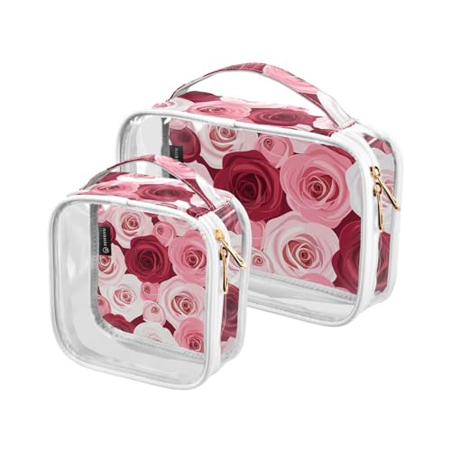 Transparente Reise-Kulturtasche mit roten, rosa Rosen, Kosmetiktasche, Make-up-Tasche, 2 Stück, PVC, tragbar, wasserdicht, Kulturbeutel, Wasch-Aufbewahrungstasche für Damen und Herren, A3346, 2er-Pack von Mnsruu