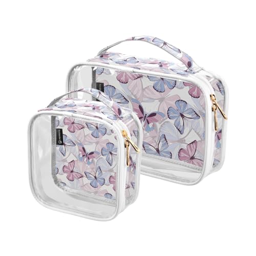 Transparente Reise-Kulturtasche mit violettem Schmetterling, tropisches Tier, Kosmetiktasche, Make-up-Tasche, 2 Stück, PVC, tragbar, wasserdicht, Kulturbeutel, Wasch-Aufbewahrungstasche für Damen und von Mnsruu