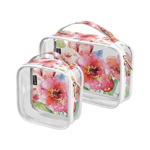 Transparente Reise-Kulturtasche rosa weißer Blumenstrauß Kosmetiktasche Make-up-Taschen 2 Stück PVC tragbare wasserdichte Toilettenartikel Tragetasche Wasch-Aufbewahrungstasche für Damen und Herren, von Mnsruu