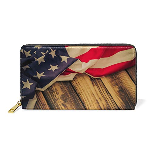 Mnsruu Vintage Alte Amerikanische Flagge Damen Brieftasche Reißverschluss Geldbörse Echtes Leder Geldbeutel Telefon Kreditkartenetui Portemonnaie für Frauen Mädchen von Mnsruu