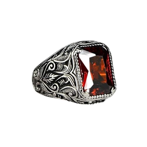 Mnyixsi Modischer Sterlingsilber-Diamantring für Herren, handgefertigt, geschnitzt, zierlich, roter Zirkonia-Stein, Geschenk, roter quadratischer Kristallschmuck, Geburtsstein, Statement-Versprechen von Mnyixsi