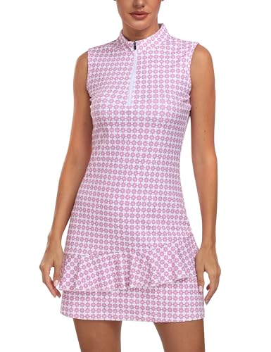 MoFiz Ärmelloses Golf-Tenniskleid für Damen, mit Reißverschluss, Rüschen, athletisches Sportkleid mit Shorts, Einteiler für aktive Freizeitkleidung, pinkes Karomuster, X-Groß von MoFiz