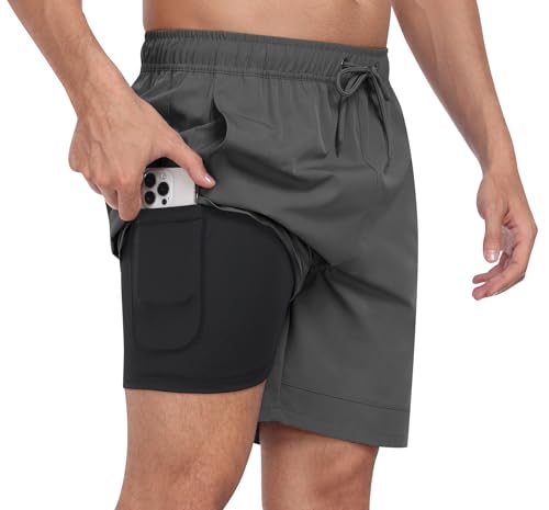 MoFiz Badeshorts Herren Badehose 2 in 1 mit Kompression Atmungsaktiv Sport Schwimmhose Schnelltrocknend Trainingsshorts mit 4 Taschen Dunkelgrau EU XXL von MoFiz