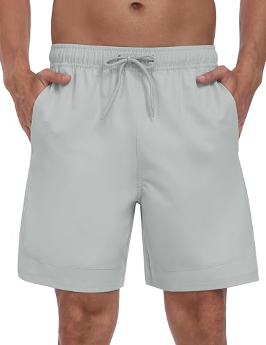 MoFiz Badeshorts Herren Badehose 2 in 1 mit Kompression Atmungsaktiv Sport Schwimmhose Schnelltrocknend Trainingsshorts mit 4 Taschen Hellgrau EU 4XL von MoFiz