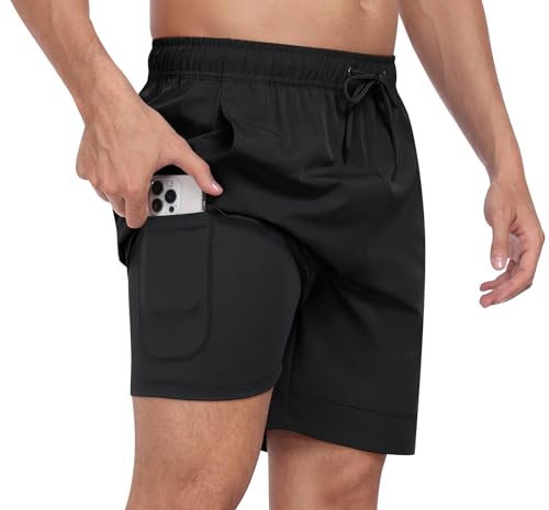 MoFiz Badeshorts Herren Badehose 2 in 1 mit Kompression Atmungsaktiv Sport Schwimmhose Schnelltrocknend Trainingsshorts mit 4 Taschen Schwarz EU XL von MoFiz