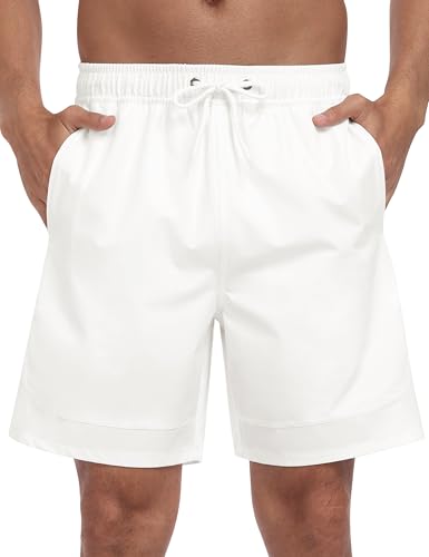 MoFiz Badeshorts Herren Badehose 2 in 1 mit Kompression Atmungsaktiv Sport Schwimmhose Schnelltrocknend Trainingsshorts mit 4 Taschen Weiß EU 4XL von MoFiz