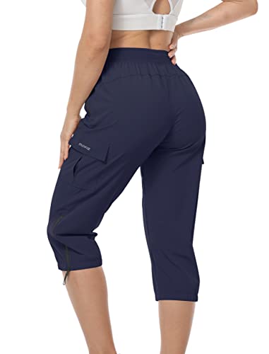 MoFiz Capri Trekkinghose Damen Leichte Cargohose Atmungsaktiv Sommer Freizeithose mit Kordelzug Marineblau XL von MoFiz