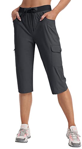 MoFiz Cargohose Damen Capri Wanderhose Sommer Leicht Outdoorhose Wasserdicht Schnelltrocknende Jogginghose Trekkinghose Freizeithose mit Mehrfach-Taschen Dunkelgrau S von MoFiz