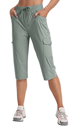 MoFiz Cargohose Damen Capri Wanderhose Sommer Leicht Outdoorhose Wasserdicht Schnelltrocknende Jogginghose Trekkinghose Freizeithose mit Mehrfach-Taschen Grün S von MoFiz