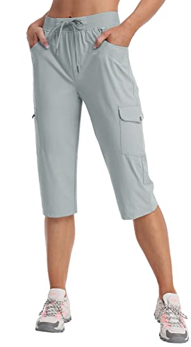 MoFiz Cargohose Damen Capri Wanderhose Sommer Leicht Outdoorhose Wasserdicht Schnelltrocknende Jogginghose Trekkinghose Freizeithose mit Mehrfach-Taschen Hellgrau M von MoFiz