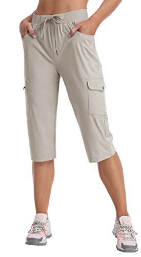 MoFiz Cargohose Damen Capri Wanderhose Sommer Leicht Outdoorhose Wasserdicht Schnelltrocknende Jogginghose Trekkinghose Freizeithose mit Mehrfach-Taschen Khaki XS von MoFiz