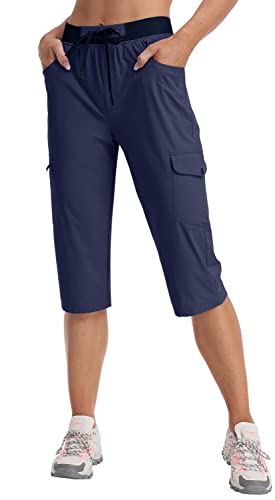 MoFiz Cargohose Damen Capri Wanderhose Sommer Leicht Outdoorhose Wasserdicht Schnelltrocknende Jogginghose Trekkinghose Freizeithose mit Mehrfach-Taschen Marineblau S von MoFiz